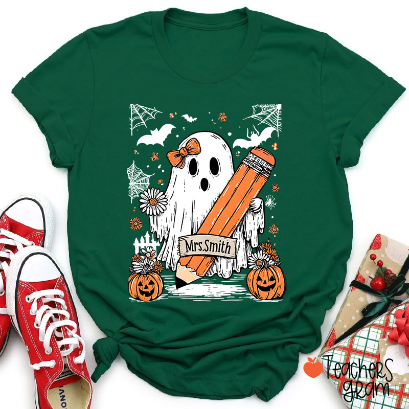Personalized Name Cute Ghost Floral Halloween Teacher T-Shirt