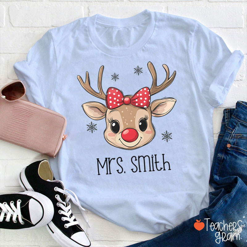 Personalized Name Cute Bow Reindeer Teacher T-Shirt