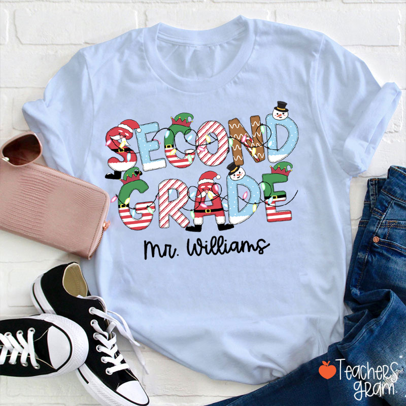 Personalized Grade And Name Christmas Teacher T-Shirt