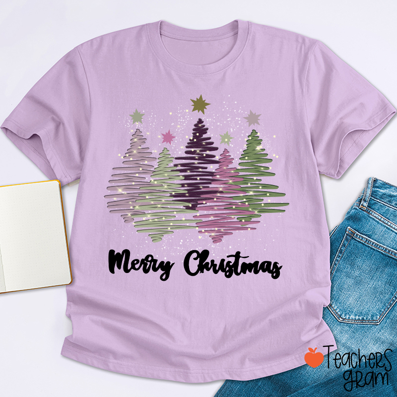 Merry Christmas Colorful Trees Teacher T-Shirt