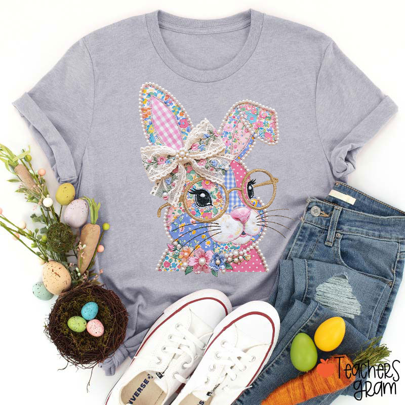 Faux Patchwork Bunny Teacher T-Shirt