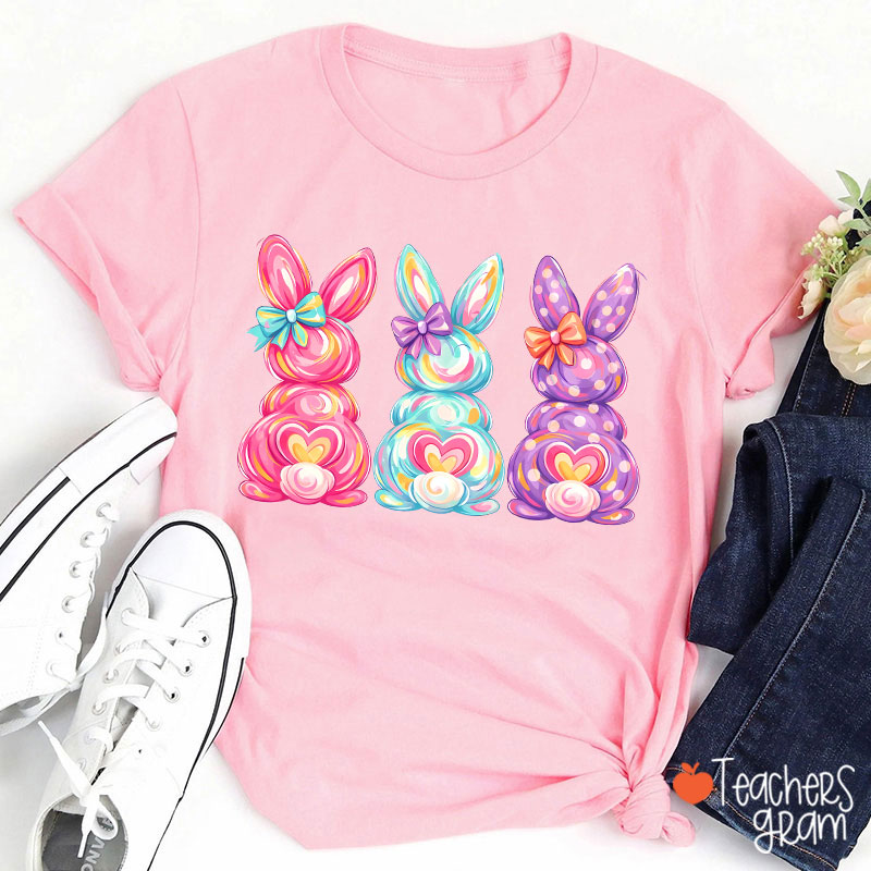 Bright Color Bunnies Easter Vibe Teacher T-Shirt