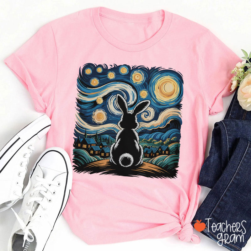Starry Night Van Gogh Rabbit Teacher T-Shirt