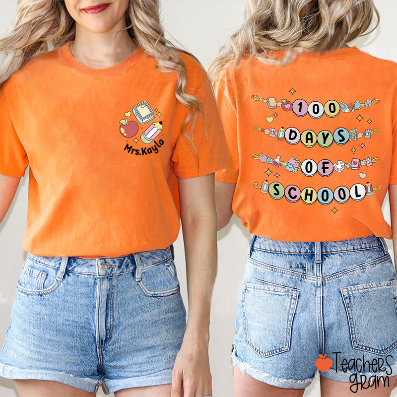 Personalized Name Happy 100 Days Of School Beaded Teacher Two Sided T-Shirt