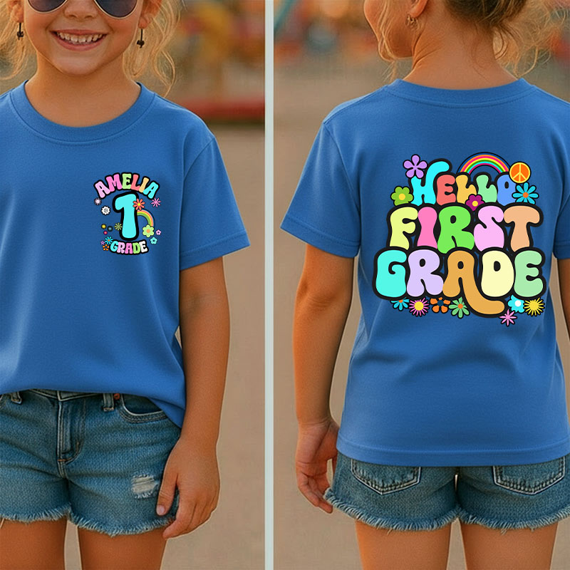 Personalized Name And Grade Rainbow Flowers Class Two Sided T-Shirt