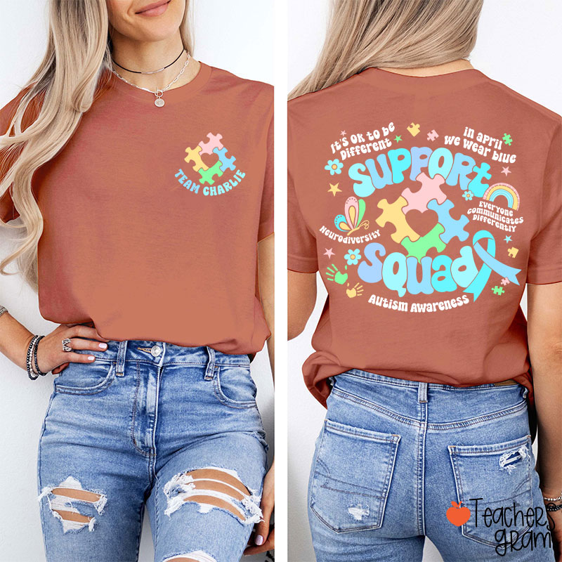 Personalized Name Autism Awareness Support Squad Teacher Two Sided T-Shirt