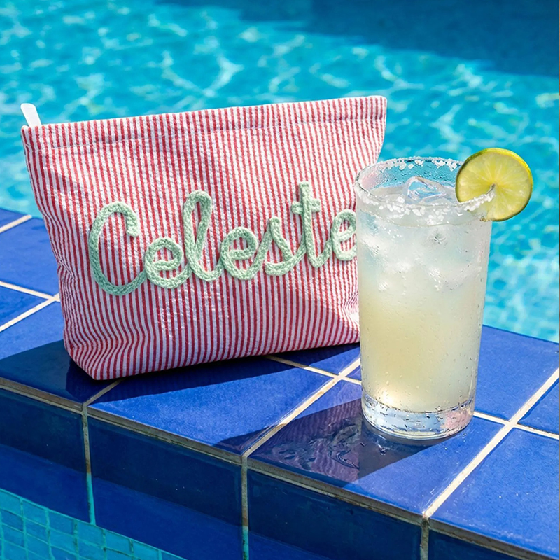 Personalized Vacation Travel Seersucker Makeup Bag