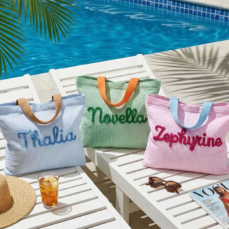 Personalized Monogrammed Seersucker Teacher Tote Bag