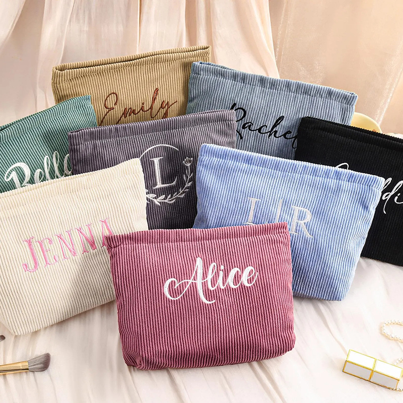 Personalized Name Embroidered Corduroy Preppy Teacher Makeup Bag