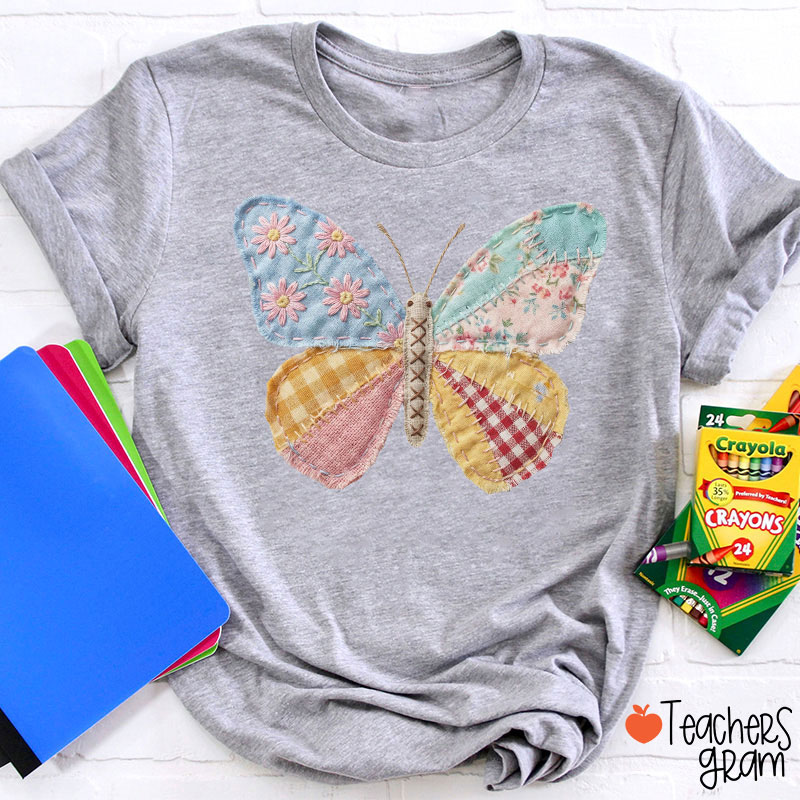 Faux Patchwork Butterfly Teacher T-Shirt