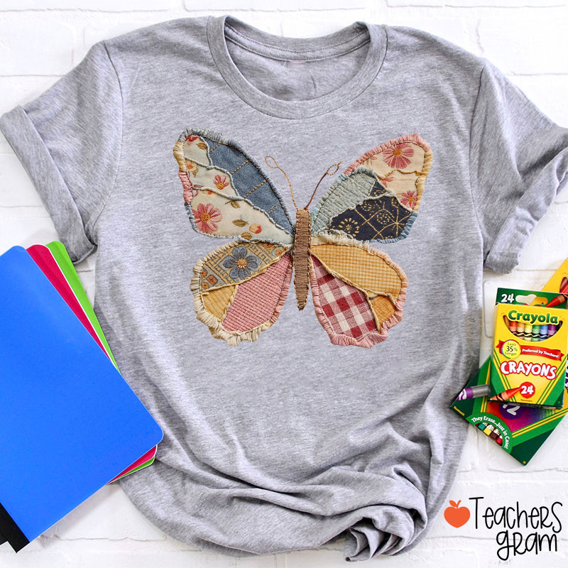 Faux Patchwork Butterfly Teacher T-Shirt
