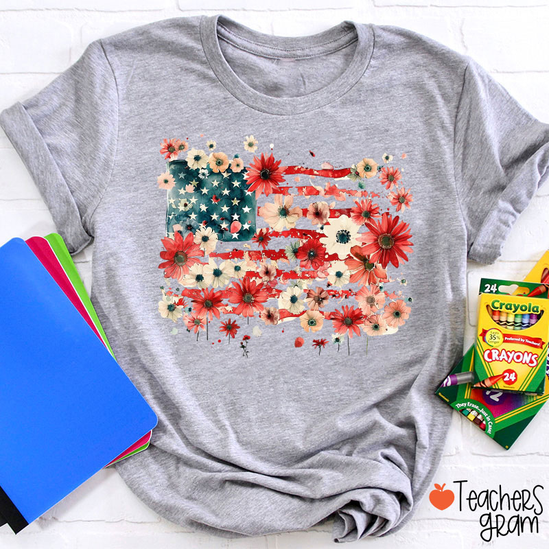 American Flag Floral Teacher T-Shirt
