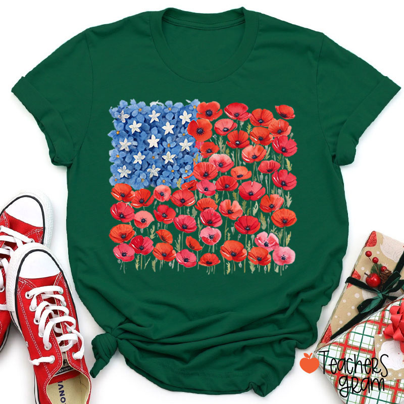 Floral USA Flag 250th Anniversary Teacher T-Shirt