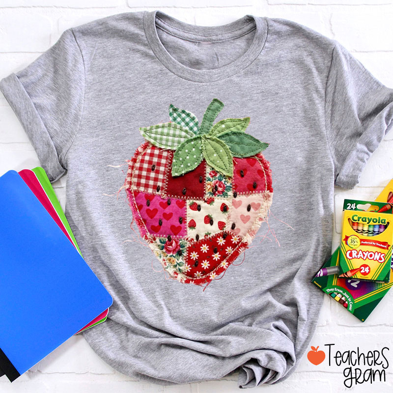 Faux Patchwork Strawberry Teacher T-Shirt