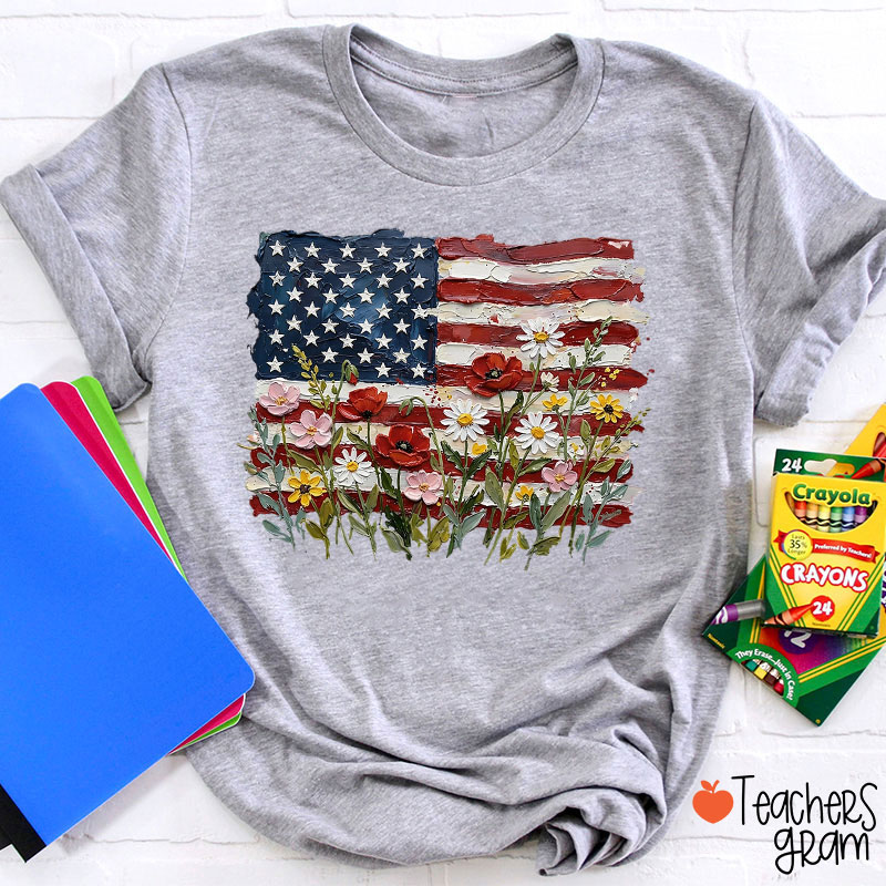 American Flag Floral Teacher T-Shirt
