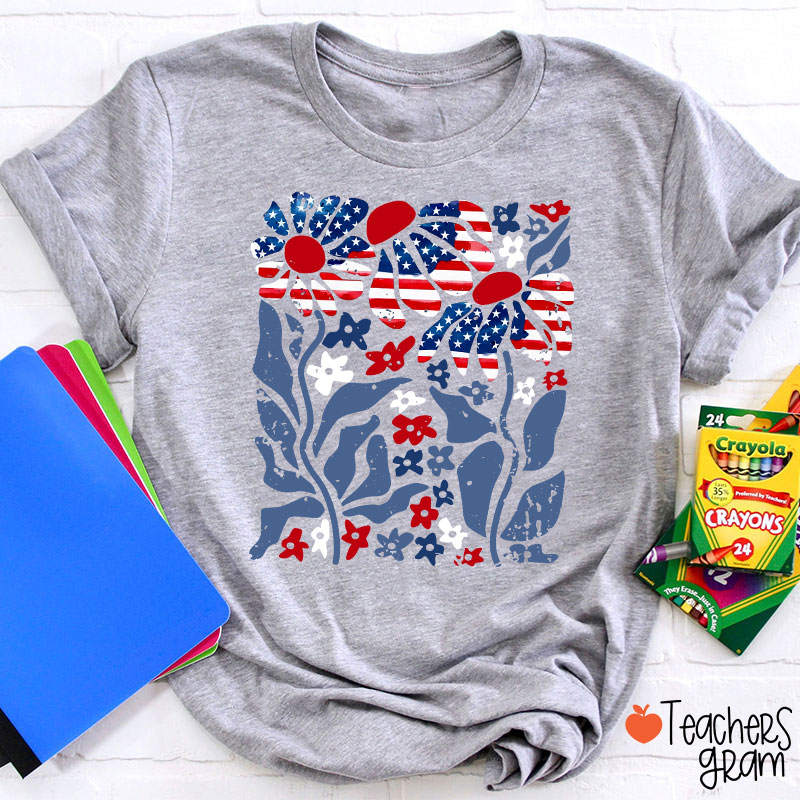 Boho Patriotic Daisy American Flag Floral Teacher T-Shirt