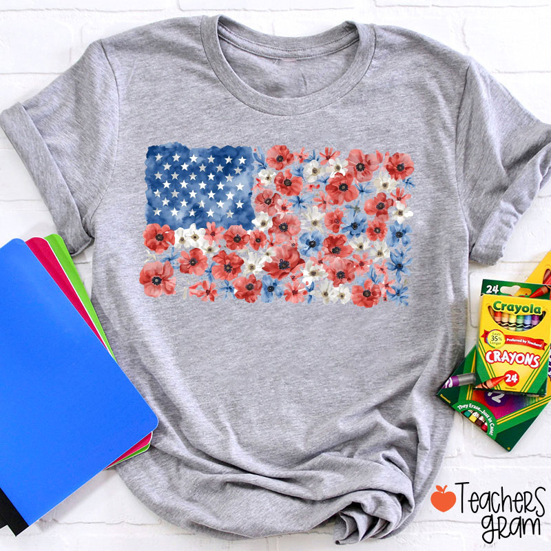 Vintage Floral USA Flag Teacher T-Shirt
