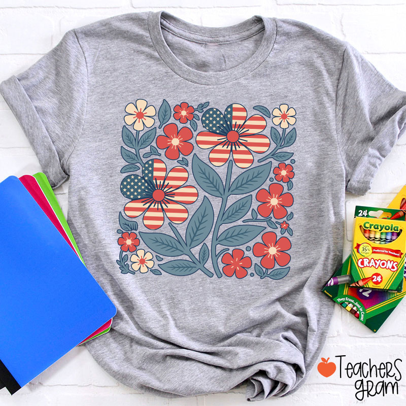 Boho Patriotic Daisy Teacher T-Shirt