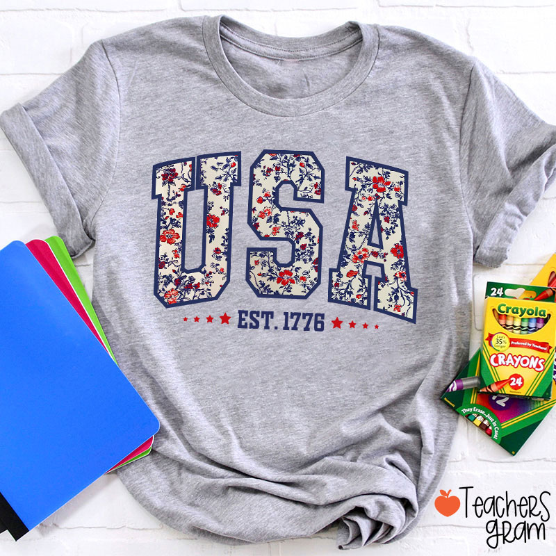 Retro Floral USA Teacher T-Shirt
