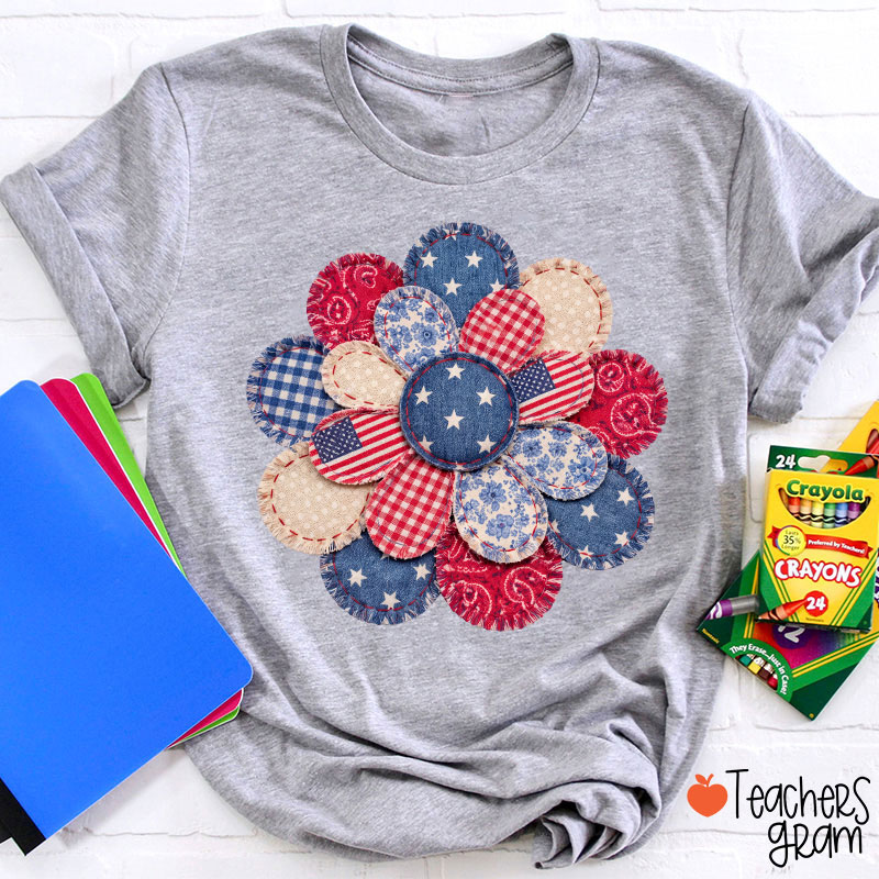 Faux Patchwork American Flag Flower Teacher T-Shirt