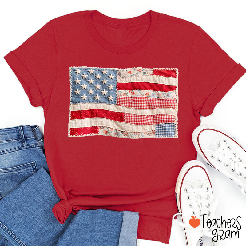 Faux Patchwork American Flag Teacher T-Shirt