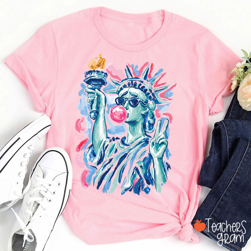 Preppy Statue Of Liberty Blowing Bubble Teacher T-Shirt
