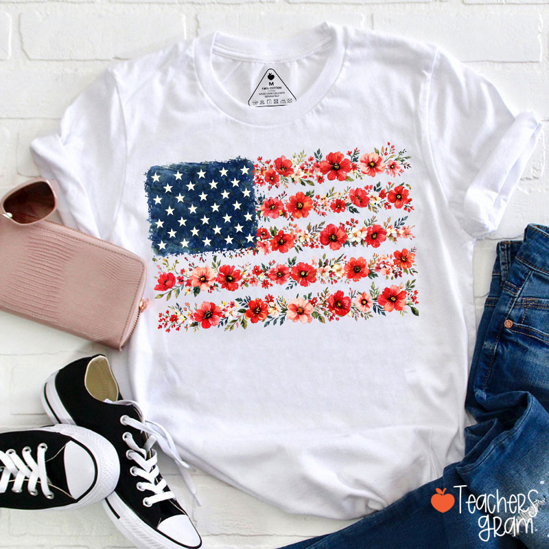American Flag Wild Flower Teacher T-Shirt