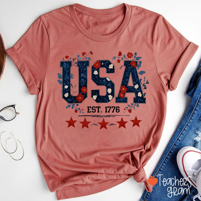 Floral USA Est 1776 Teacher T-Shirt
