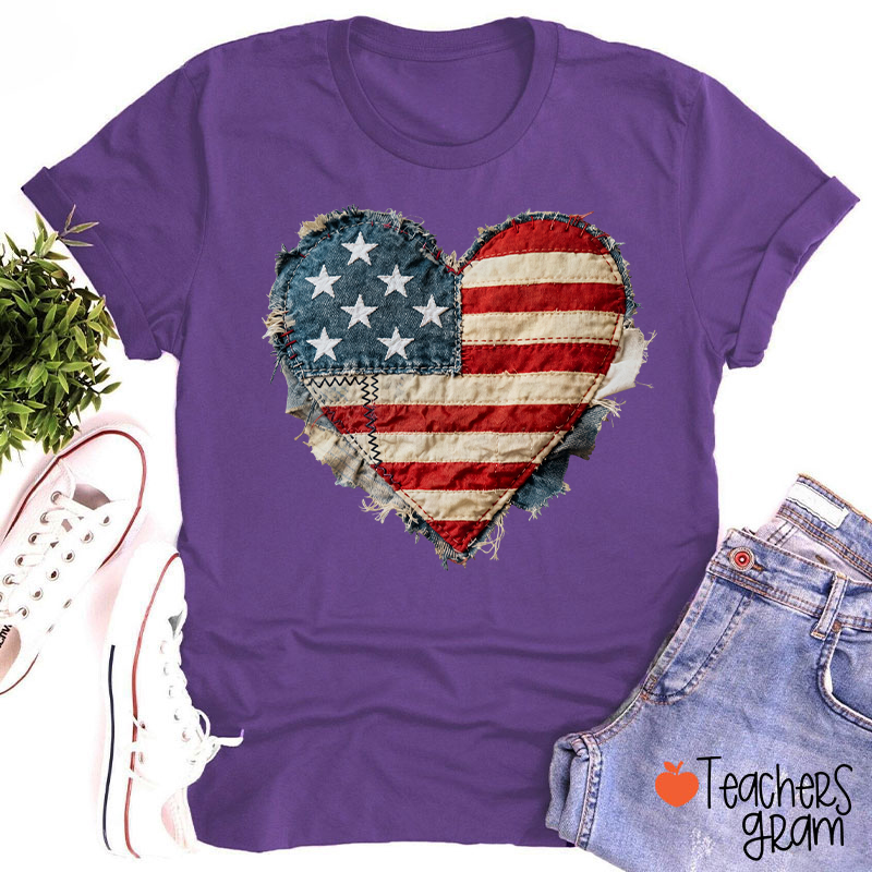 Faux Patchwork American Flag Heart Teacher T-Shirt
