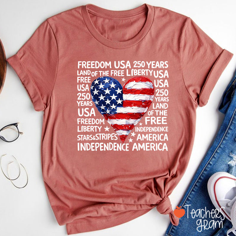 Heart Shaped American Flag Teacher T-Shirt