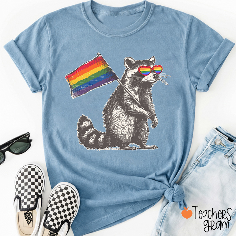 Funny Raccoon Rainbow Flag Pride Teacher T-Shirt