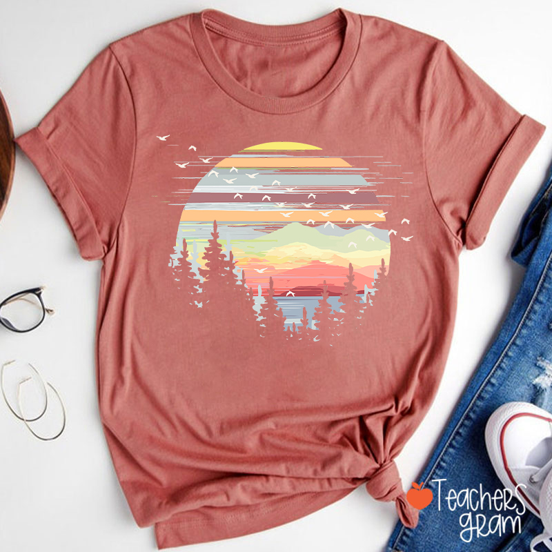Retro Mountain Sunset Forest And Birds Teacher T-Shirt