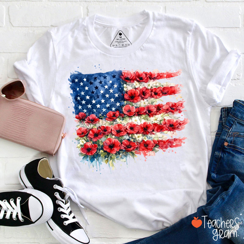 4th Of July Floral American Flag Teacher T-Shirt