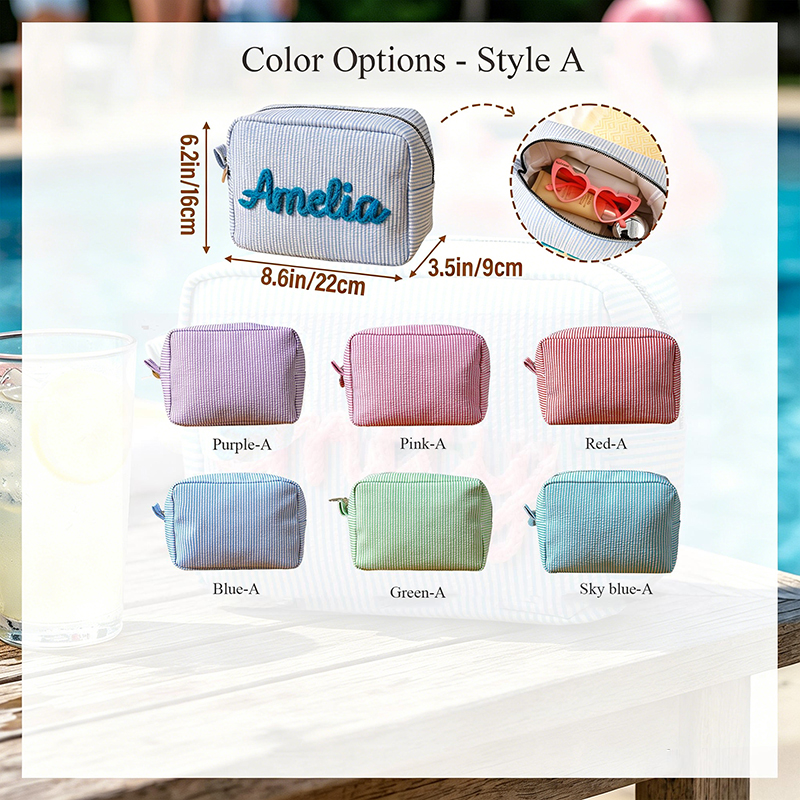 Personalized Embroidered Name Seersucker Teacher Makeup Bag