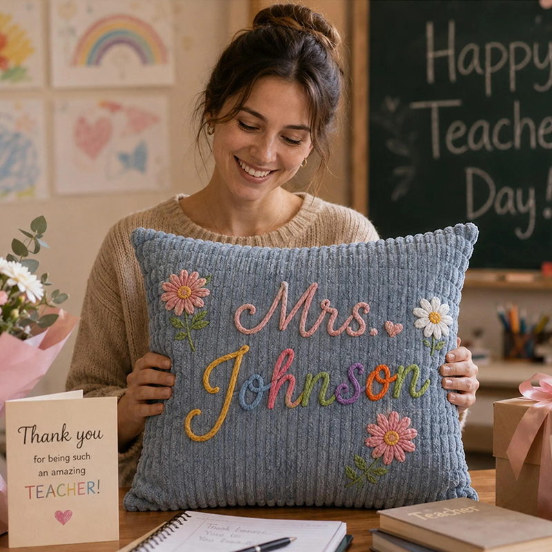 Personalized Embroidered Name Corduroy Teacher Pillow Cover