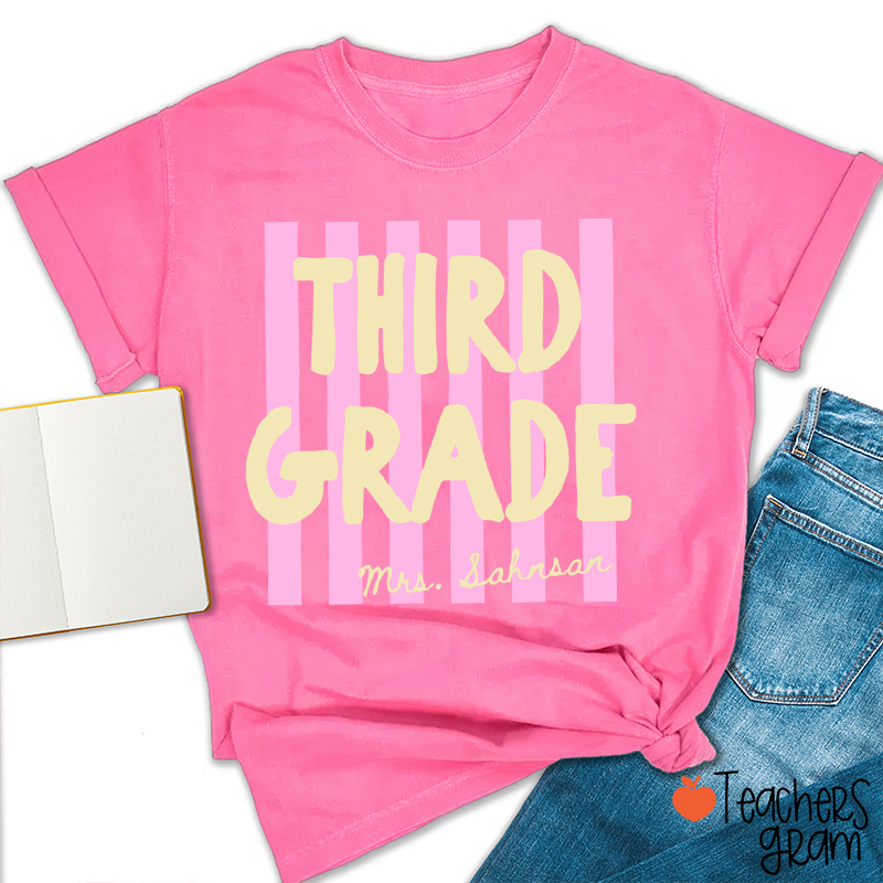 Personalized Grade And Name Pink Stripes Teacher T-Shirt