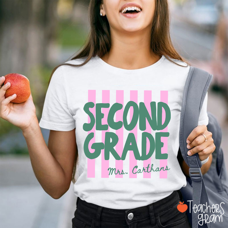 Personalized Grade And Name Pink Stripes Teacher T-Shirt