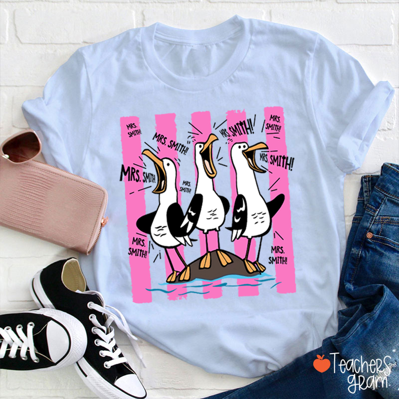 Personalized Pink Stripes Seagull Meme Teacher T-Shirt