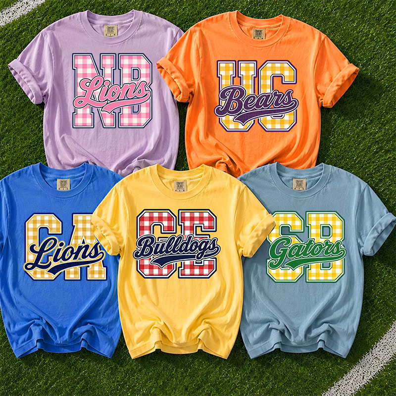 Personalized School Mascot Gingham Varsity Letter Teacher T-Shirt