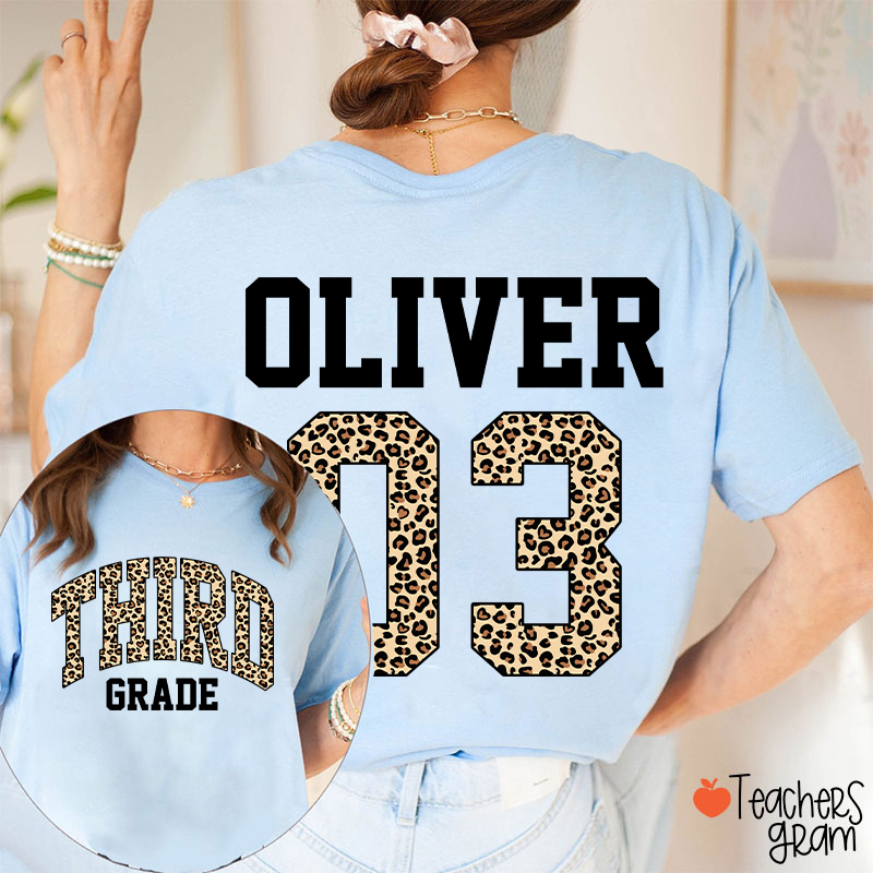 Personalized Grade Name Leopard Print Number Teacher Two Sided T-Shirt