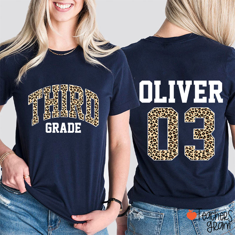 Personalized Grade Name Leopard Print Number Teacher Two Sided T-Shirt
