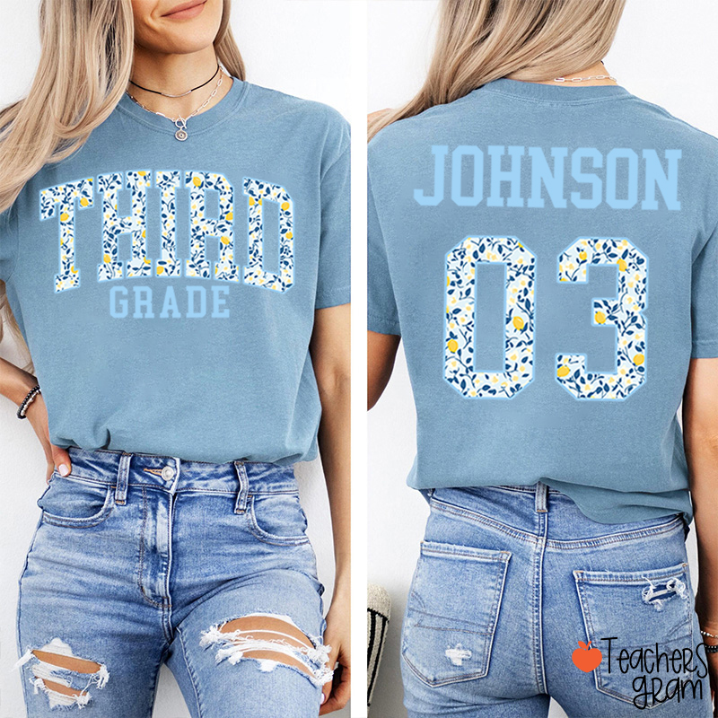 Personalized Grade And Name Floral Letter Teacher Two Sided T-Shirt