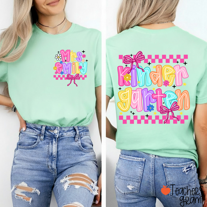 Personalized Grade And Name Checkered Bow Teacher Two Sided T-Shirt