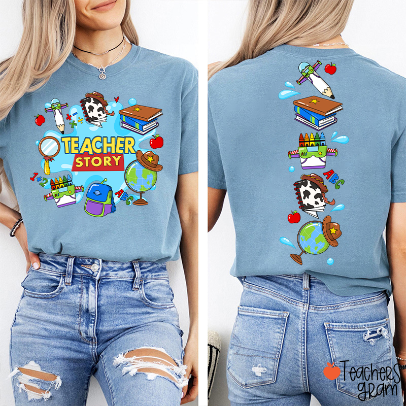Teacher Story Cute School Stuff Icons Teacher Two Sided T-Shirt