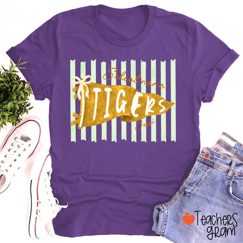 Personalized Mascot School Spirit Stripes Pennant Teacher T-Shirt