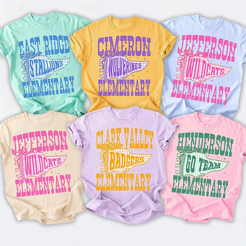 Personalized Mascot Elementary Gingham Pennant Distressed Text Teacher T-Shirt