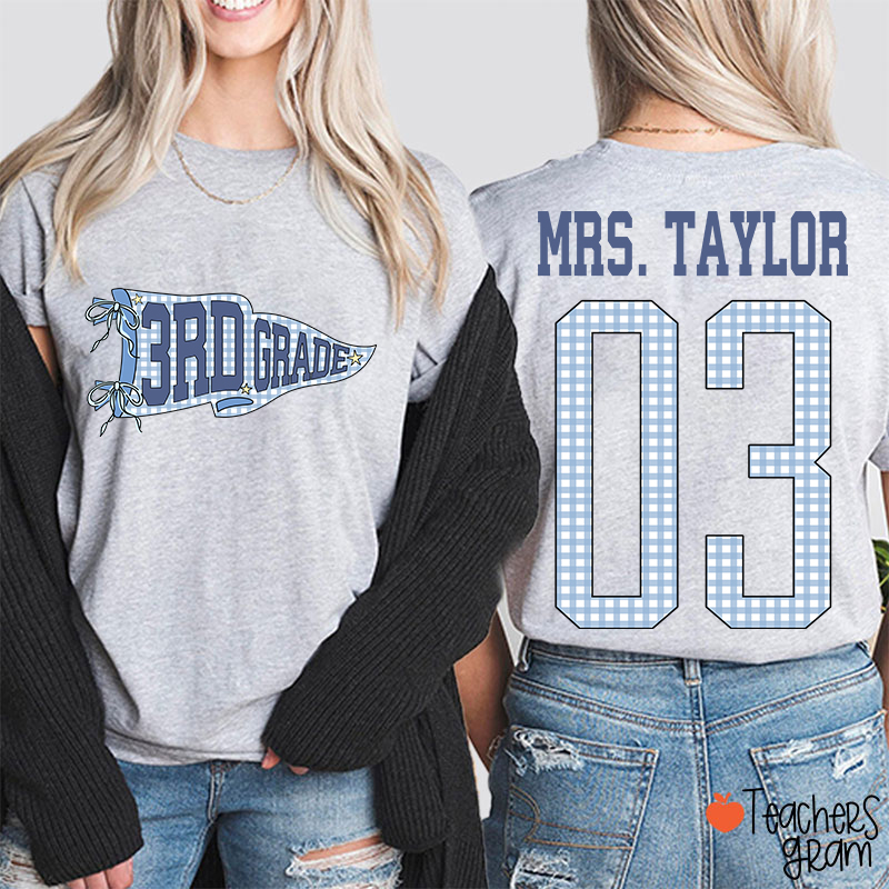 Personalized Grade Pennant Blue Gingham Teacher Two Sided T-Shirt