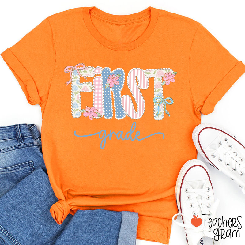 Personalized Grade Gingham Floral Bow Varsity Letter Teacher T-Shirt