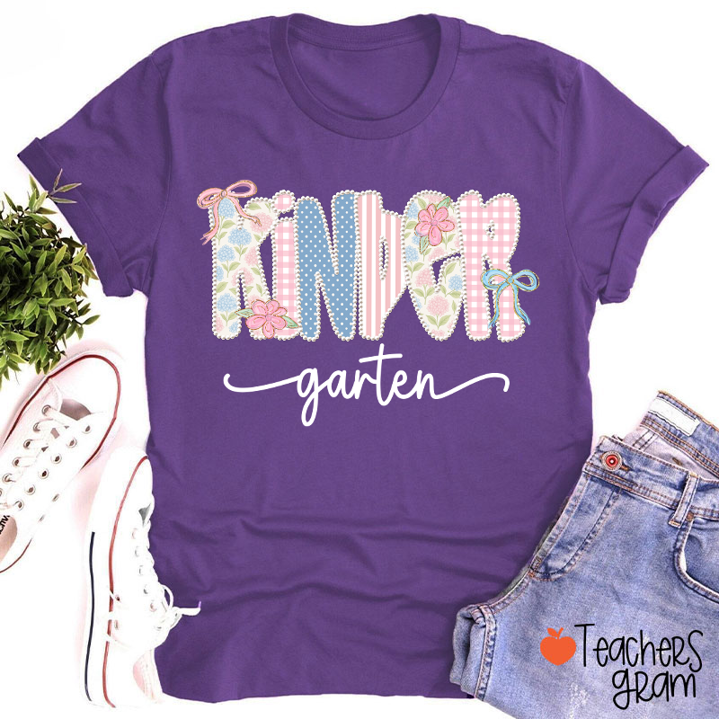 Personalized Grade Gingham Floral Bow Varsity Letter Teacher T-Shirt
