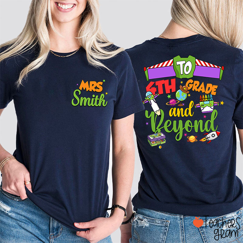 Personalized Grade Cartoon School Supply Rocket Teacher Two Sided T-Shirt
